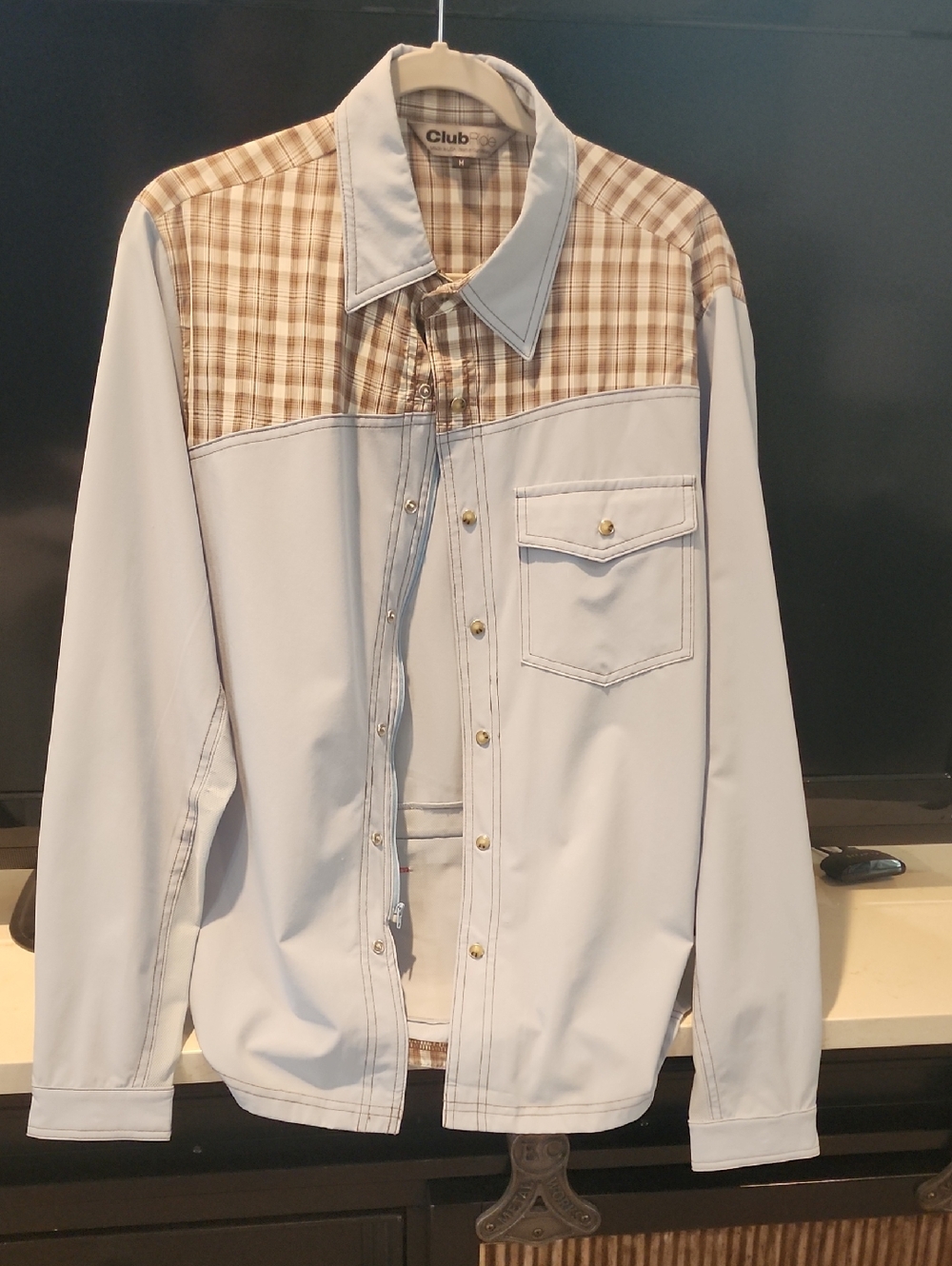 Club Ride Western-themed Riding Shirt. Light Blue with Brown Plaid Yoke